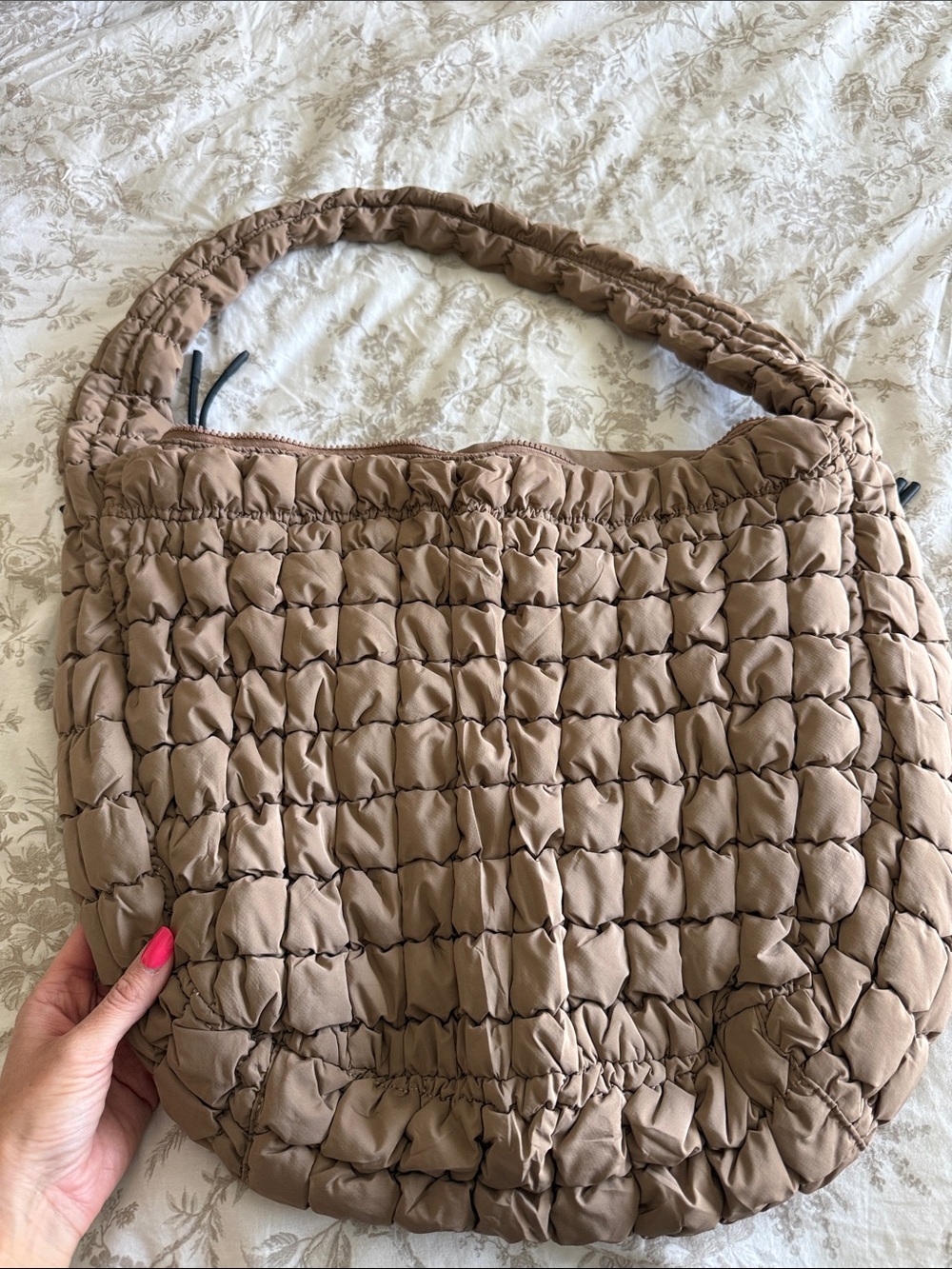 Quilted Puffer Hobo Bag in Taupe - Picture 2 of 3